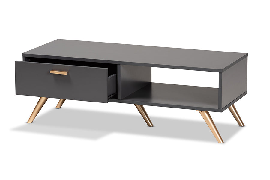 Kelson Modern and Contemporary Dark Grey and Gold Finished Wood Coffee Table