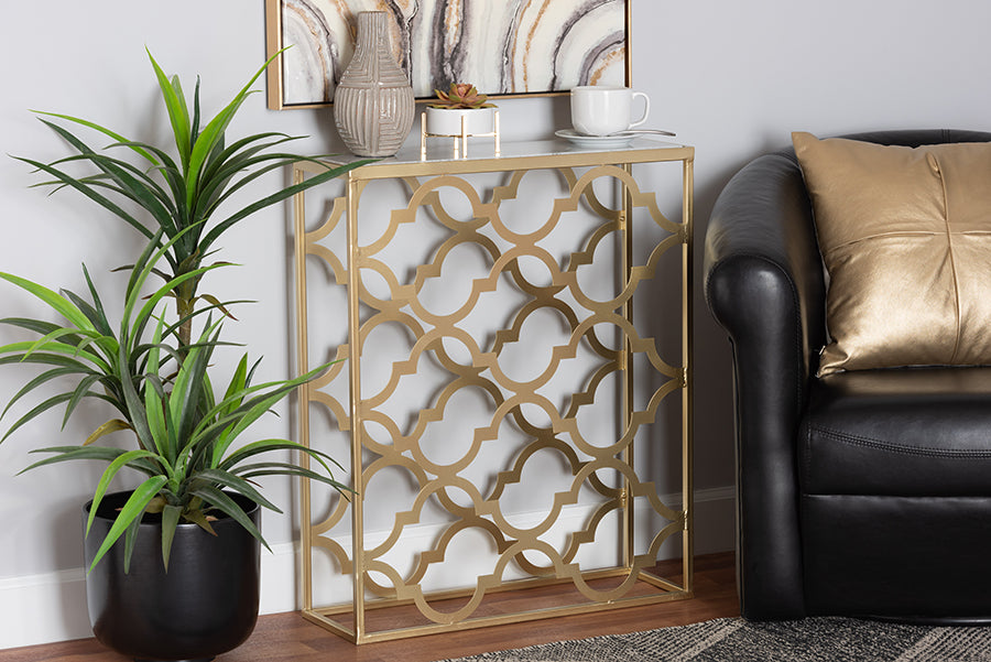 Calanthe Modern and Contemporary Gold Finished Metal Console Table with Marble Tabletop