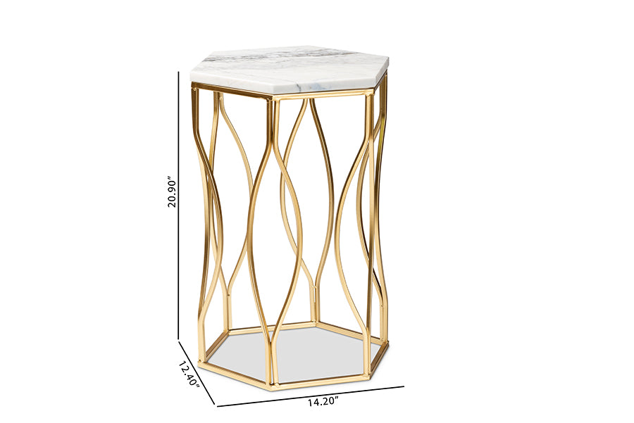 Kalena Modern and Contemporary Gold Metal End Table with Marble Tabletop