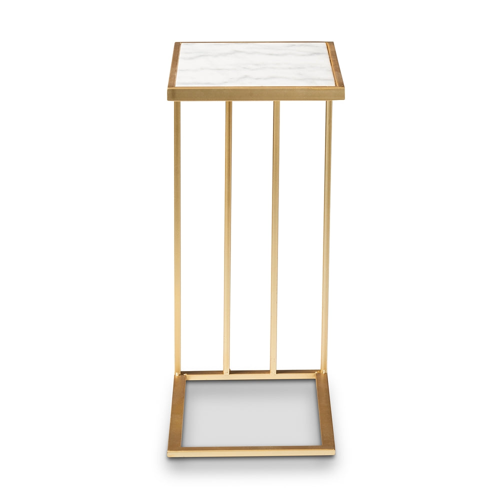 Parkin Modern and Contemporary Gold Finished Metal C Shaped End Table with Marble Tabletop