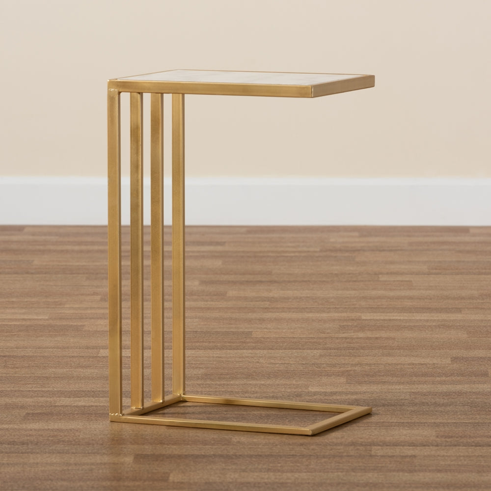 Parkin Modern and Contemporary Gold Finished Metal C Shaped End Table with Marble Tabletop