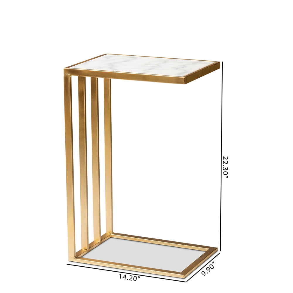 Parkin Modern and Contemporary Gold Finished Metal C Shaped End Table with Marble Tabletop