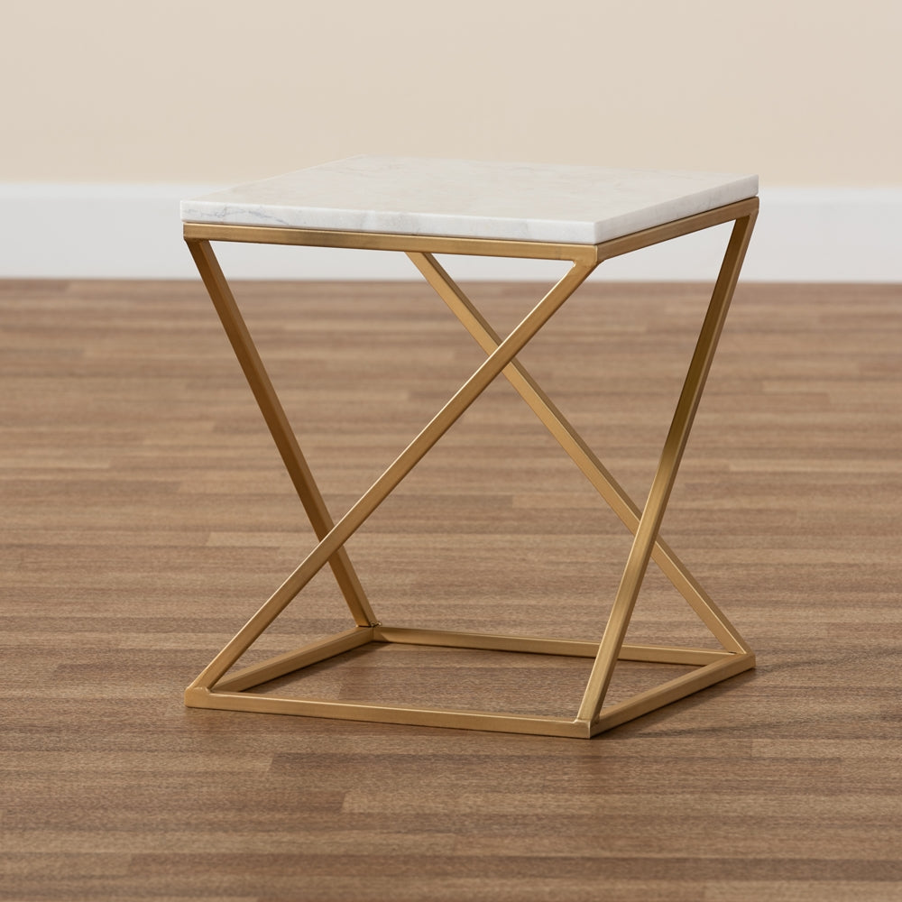 Hadley Modern and Contemporary Gold Finished Metal End Table with Marble Tabletop