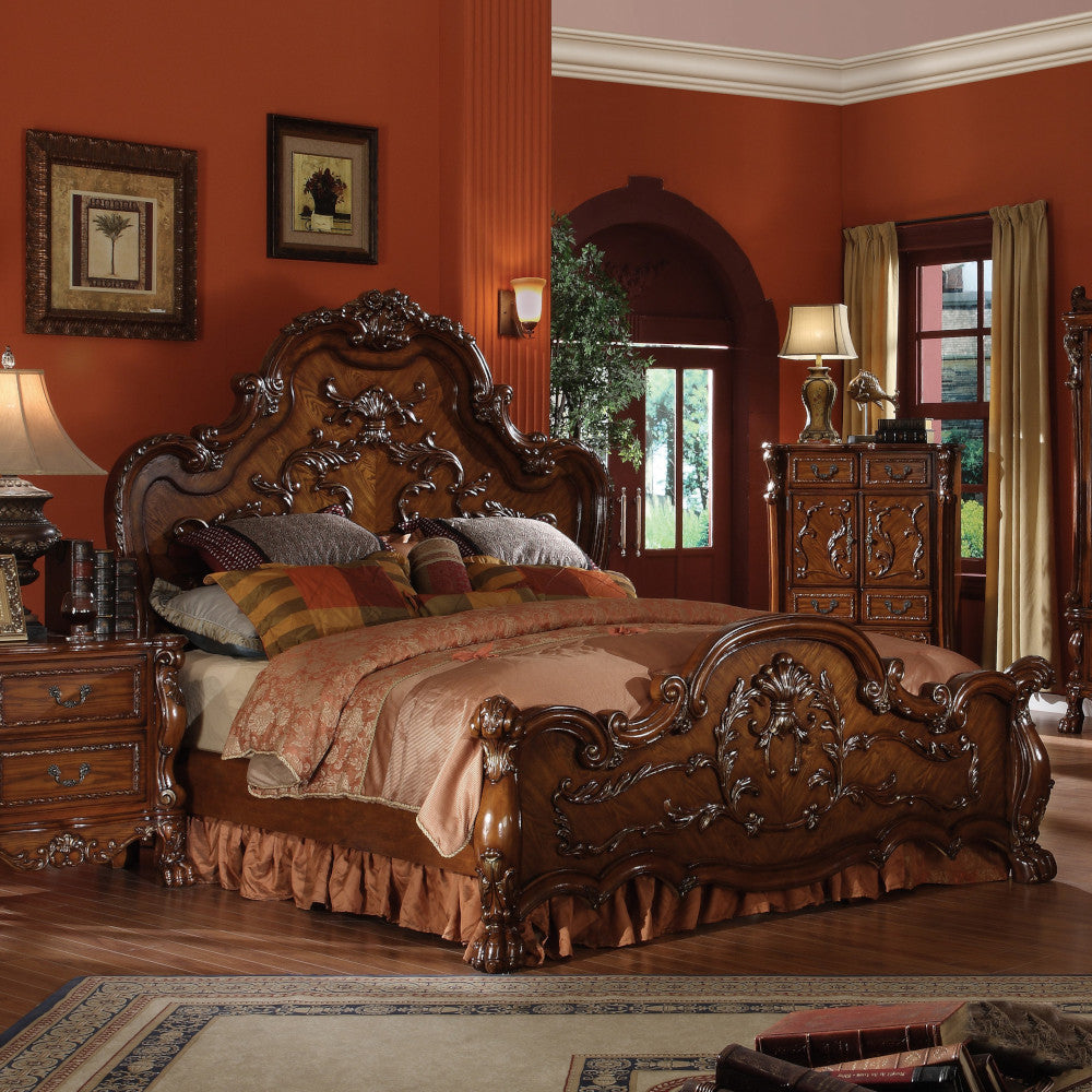 Skyler Dresden Collection CK Gold Baroque Wooden Bed – Ornate Carvings & PU Leather Upholstery