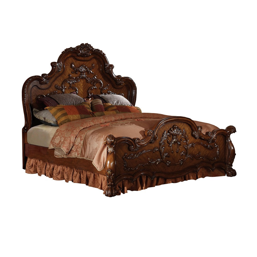 Skyler Dresden Collection CK Gold Baroque Wooden Bed – Ornate Carvings & PU Leather Upholstery