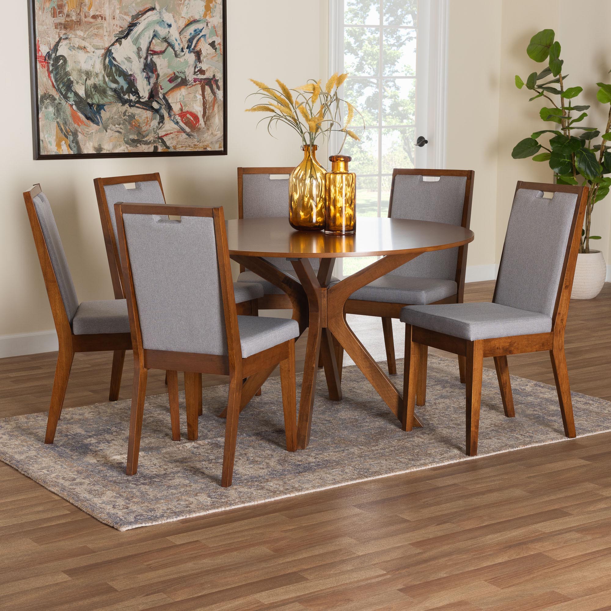 Eira Modern Grey and Walnut Brown Wood 7-Piece Dining Set