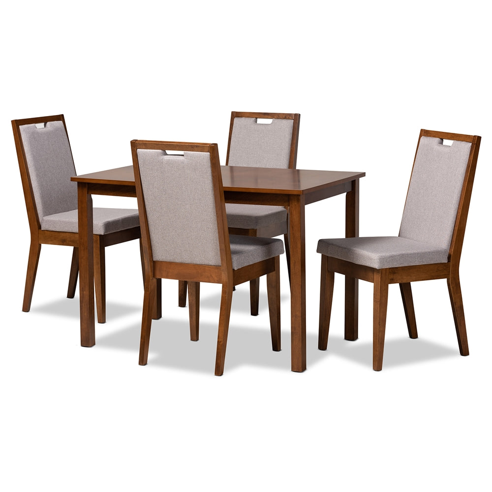 Rosa Modern and Contemporary Grey Fabric Upholstered and Walnut Brown Finished Wood 5-Piece Dining Set