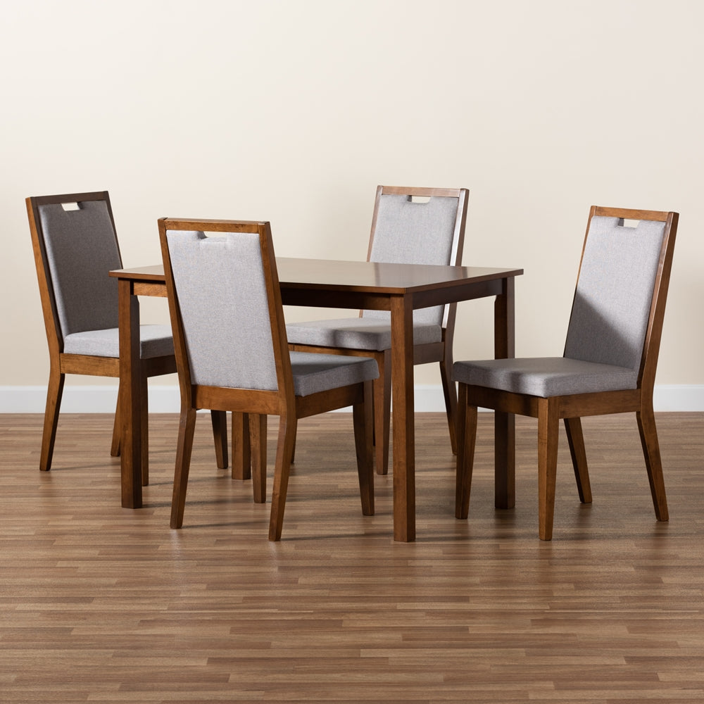 Rosa Modern and Contemporary Grey Fabric Upholstered and Walnut Brown Finished Wood 5-Piece Dining Set