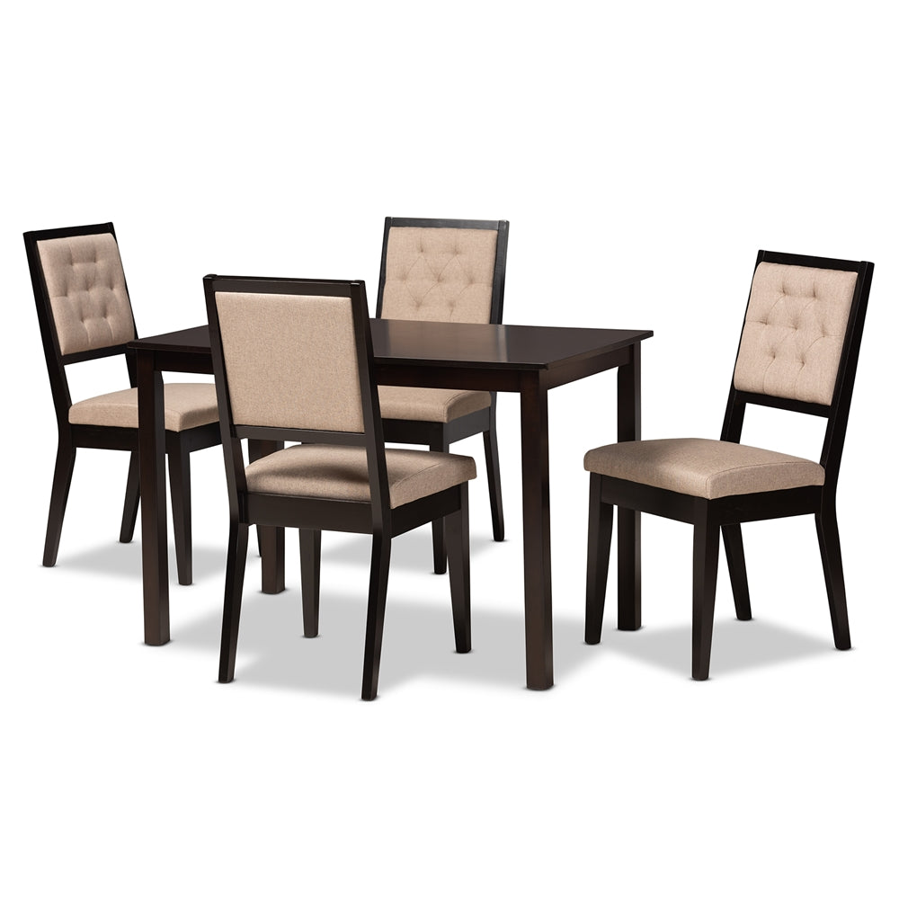 Suvi Modern and Contemporary Sand Fabric Upholstered and Dark Brown Finished Wood 5-Piece Dining Set