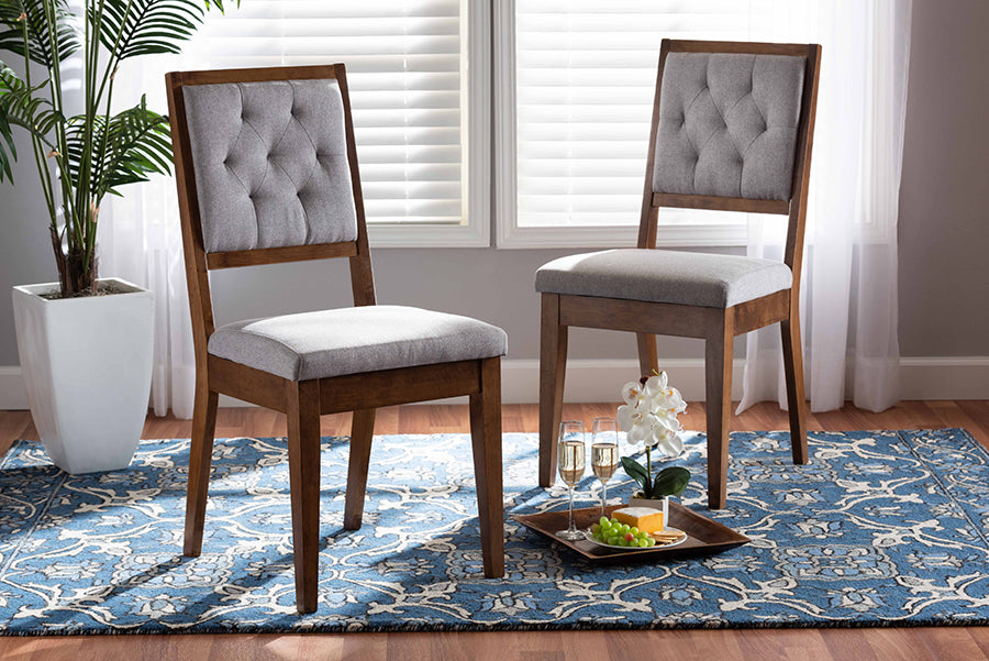 Gideon Modern and Contemporary Grey Fabric Upholstered and Walnut Brown Finished Wood 2-Piece Dining Chair Set