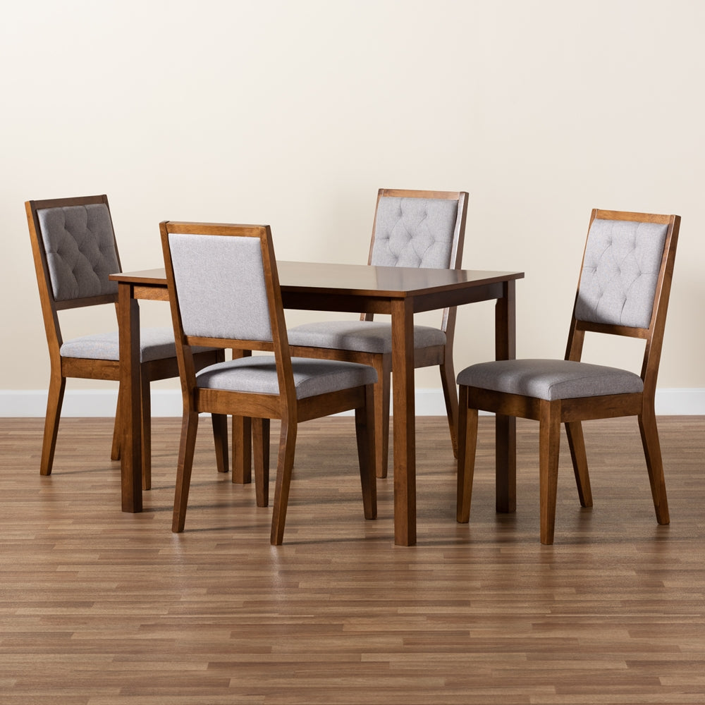 Suvi Modern and Contemporary Grey Fabric Upholstered and Walnut Brown Finished Wood 5-Piece Dining Set