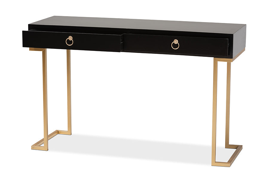 Beagan Modern and Contemporary Black Finished Wood and Gold Metal 2-Drawer Console Table
