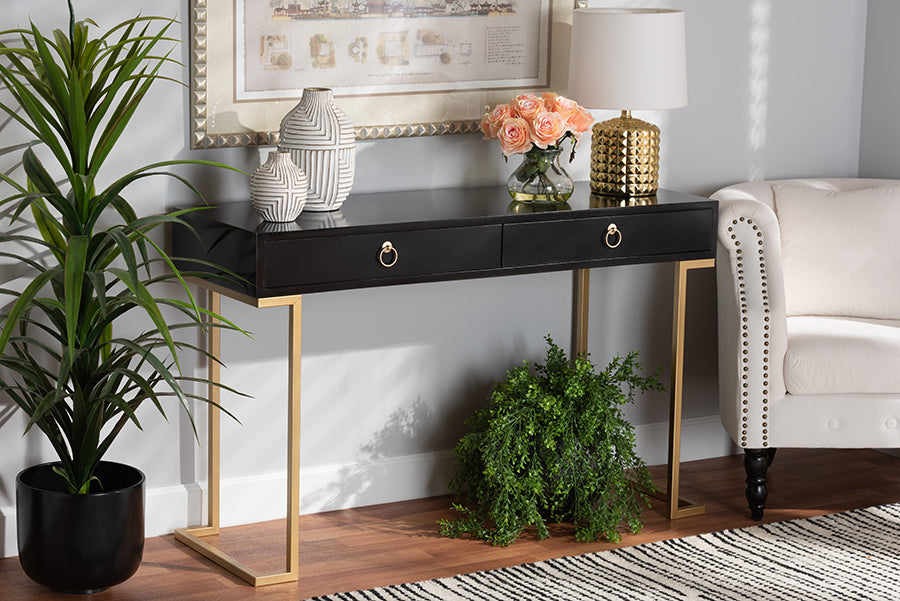 Beagan Modern and Contemporary Black Finished Wood and Gold Metal 2-Drawer Console Table