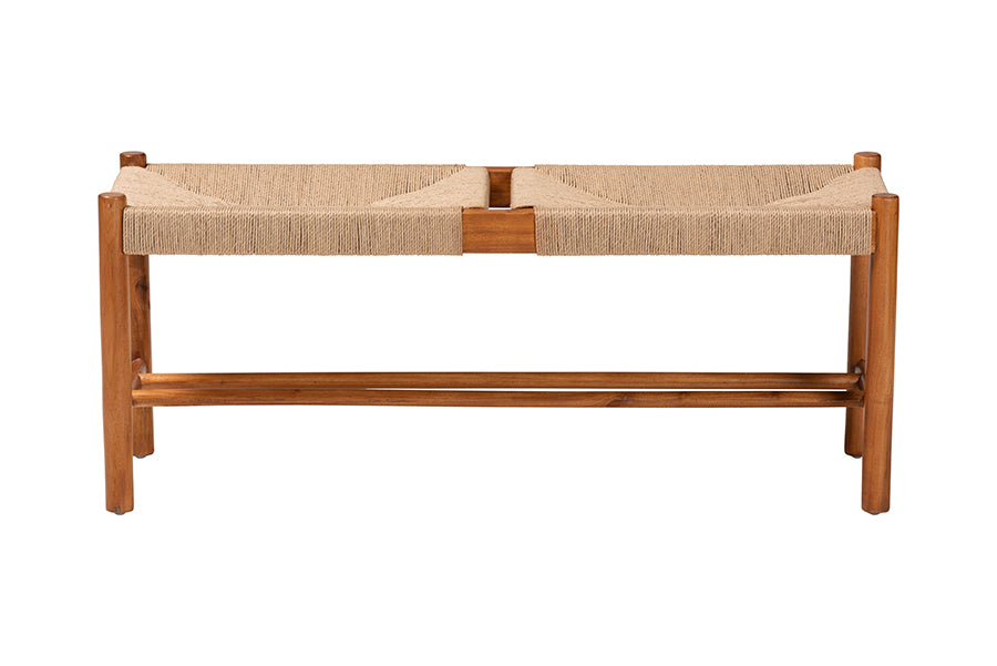 Saura Mid-Century Modern Oak Brown Finished Wood and Hemp Dining Bench