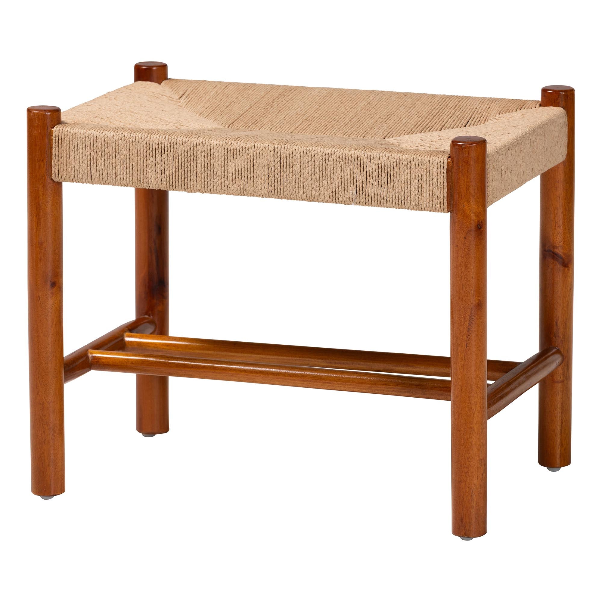 Saura Mid-Century Modern Oak Brown Finished Wood and Hemp Accent Bench