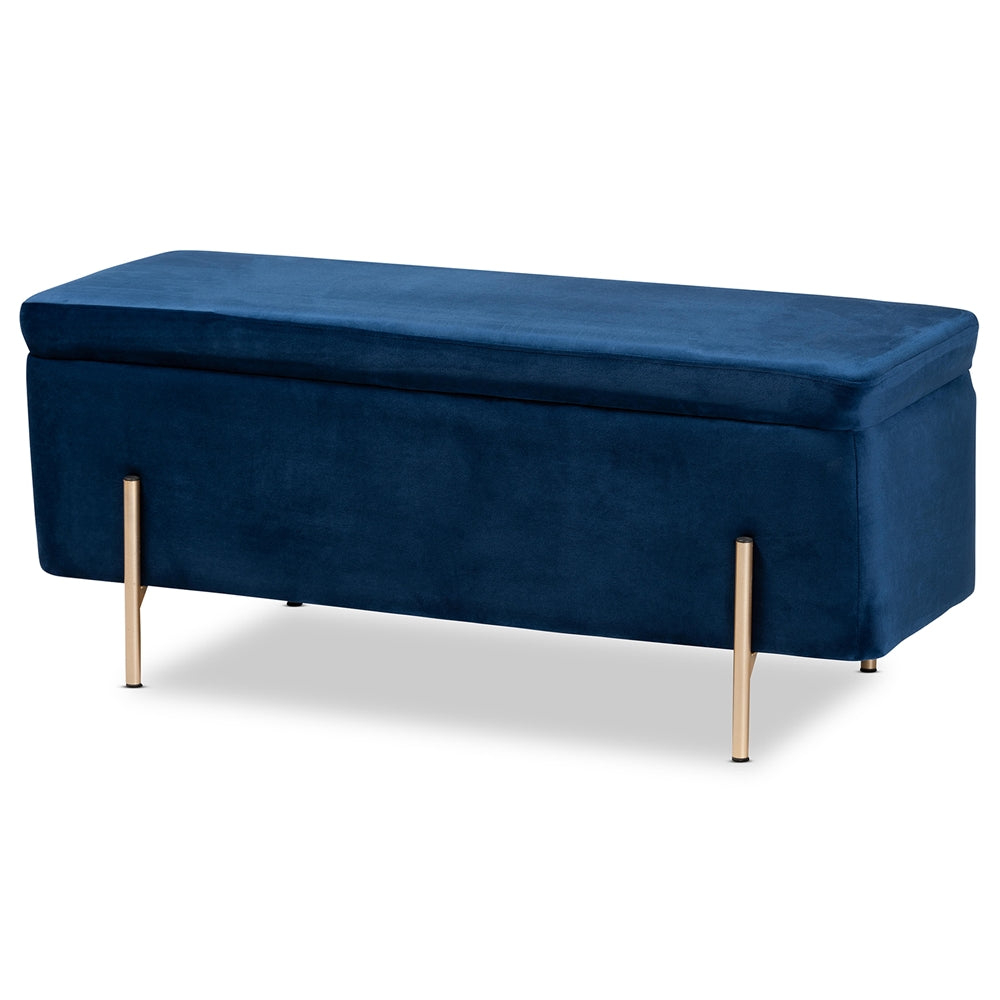 Rockwell Contemporary and Navy Blue Velvet Fabric Upholstered and Gold Finished Metal Storage Bench