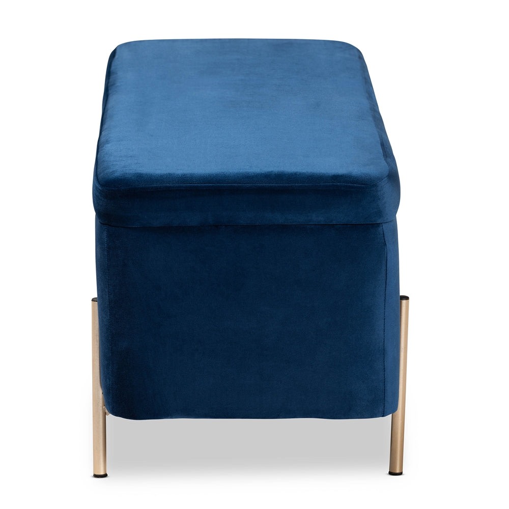 Rockwell Contemporary and Navy Blue Velvet Fabric Upholstered and Gold Finished Metal Storage Bench