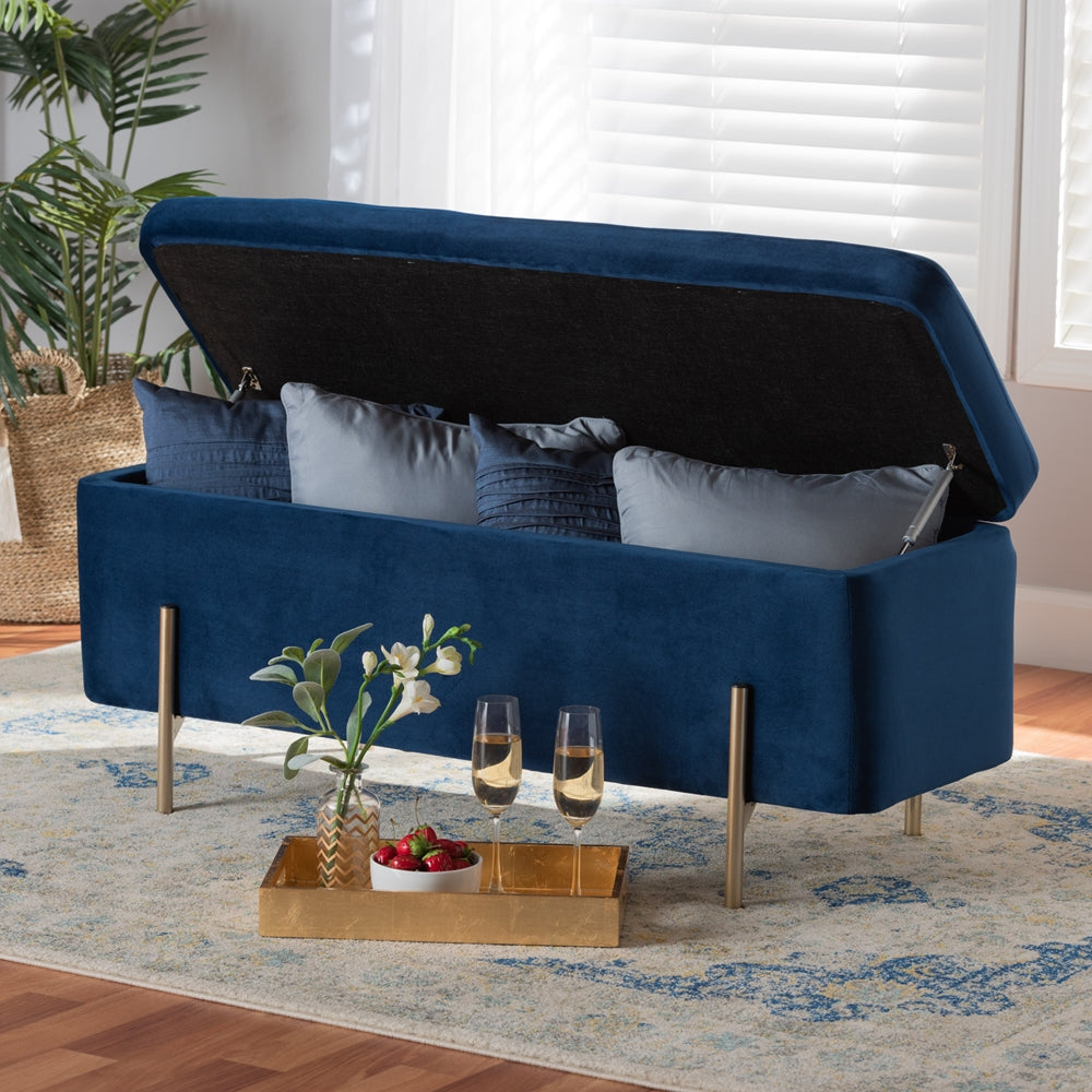 Rockwell Contemporary and Navy Blue Velvet Fabric Upholstered and Gold Finished Metal Storage Bench