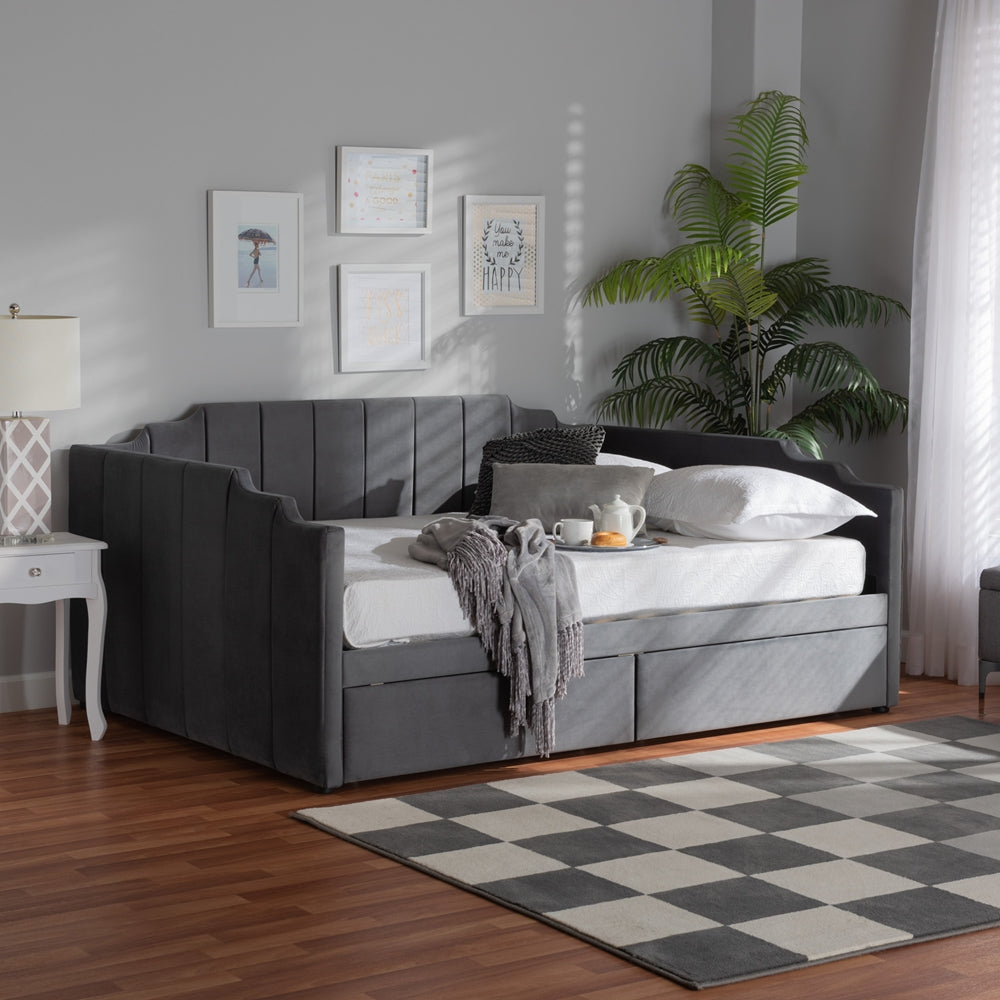 Ryan Full Size Grey Velvet Storage Daybed – Modern Channel-Tufted Design