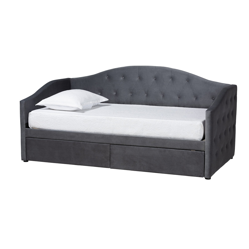 Crawford Grey Velvet Upholstered Full Daybed – Contemporary Design with 2 Storage Drawers