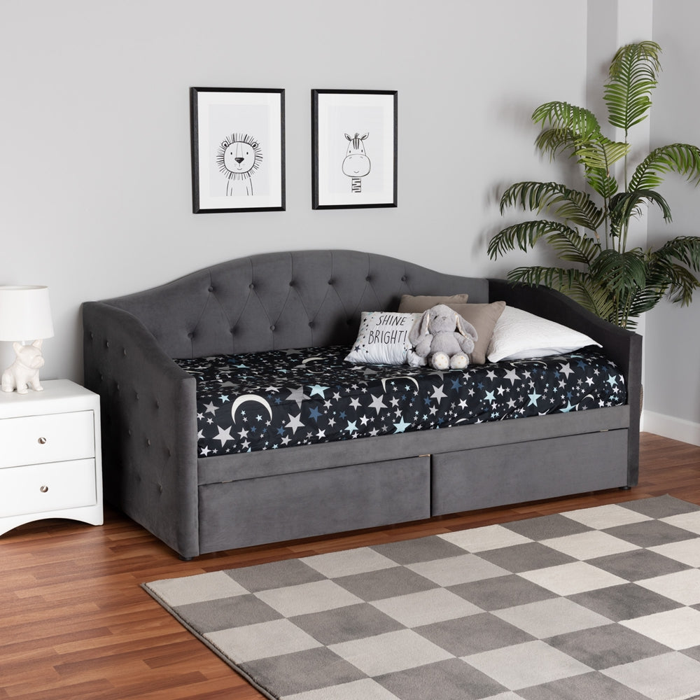 Crawford Grey Velvet Upholstered Full Daybed – Contemporary Design with 2 Storage Drawers