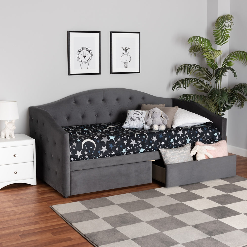 Crawford Grey Velvet Upholstered Full Daybed – Contemporary Design with 2 Storage Drawers