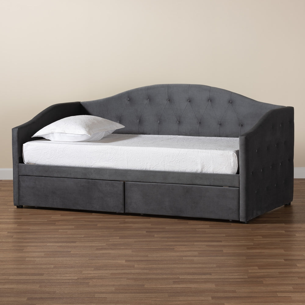 Crawford Grey Velvet Upholstered Full Daybed – Contemporary Design with 2 Storage Drawers