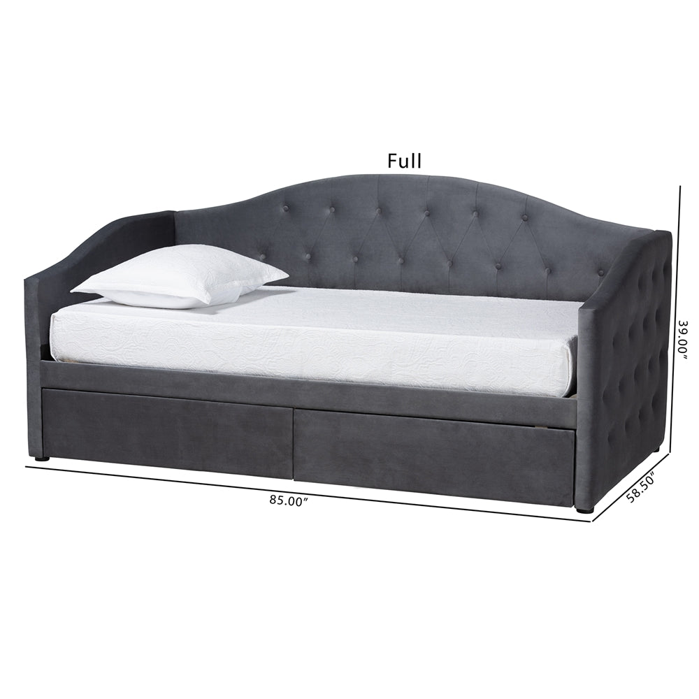 Crawford Grey Velvet Upholstered Full Daybed – Contemporary Design with 2 Storage Drawers