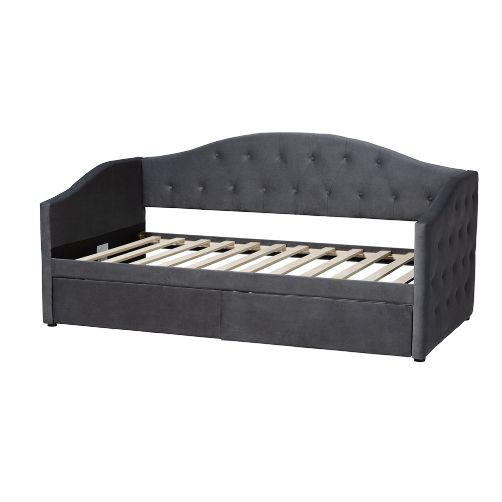 Crawford Grey Velvet Upholstered Full Daybed – Contemporary Design with 2 Storage Drawers