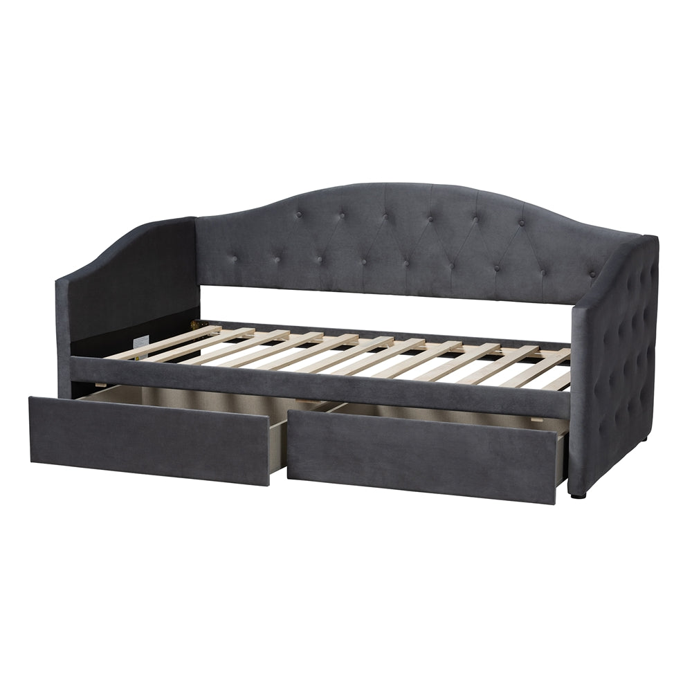 Crawford Grey Velvet Upholstered Full Daybed – Contemporary Design with 2 Storage Drawers