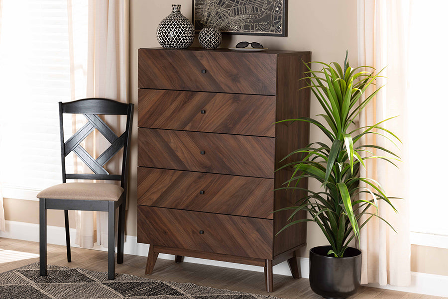 Hartman Mid-Century Modern Walnut Brown Finished Wood 5-Drawer Storage Chest
