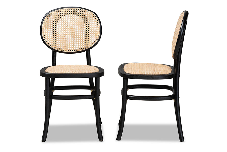 Garold Mid-Century Modern Brown Woven Rattan and Black Wood 2-Piece Cane Dining Chair Set