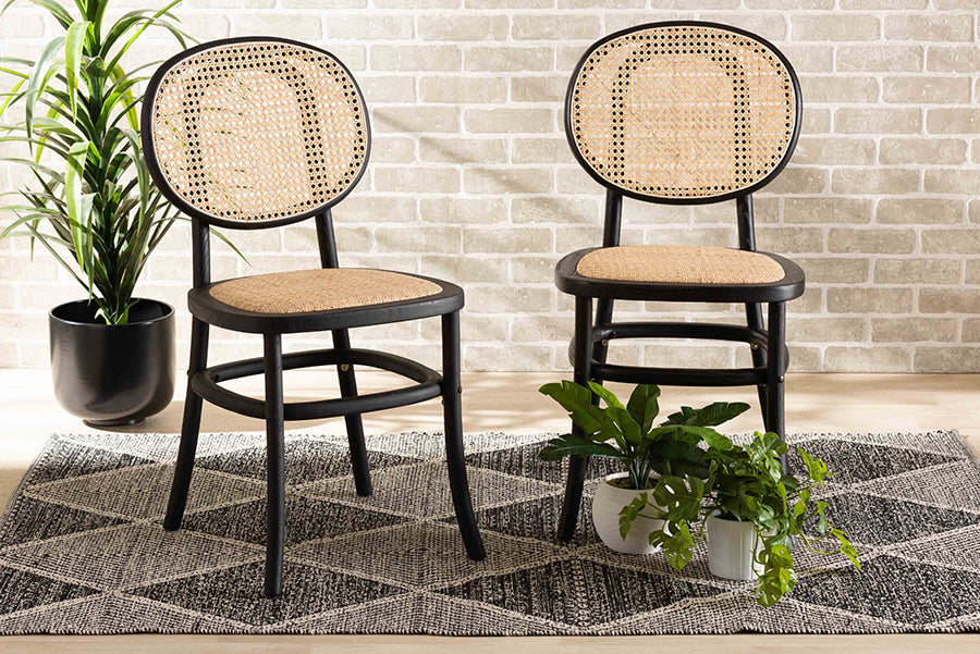 Garold Mid-Century Modern Brown Woven Rattan and Black Wood 2-Piece Cane Dining Chair Set