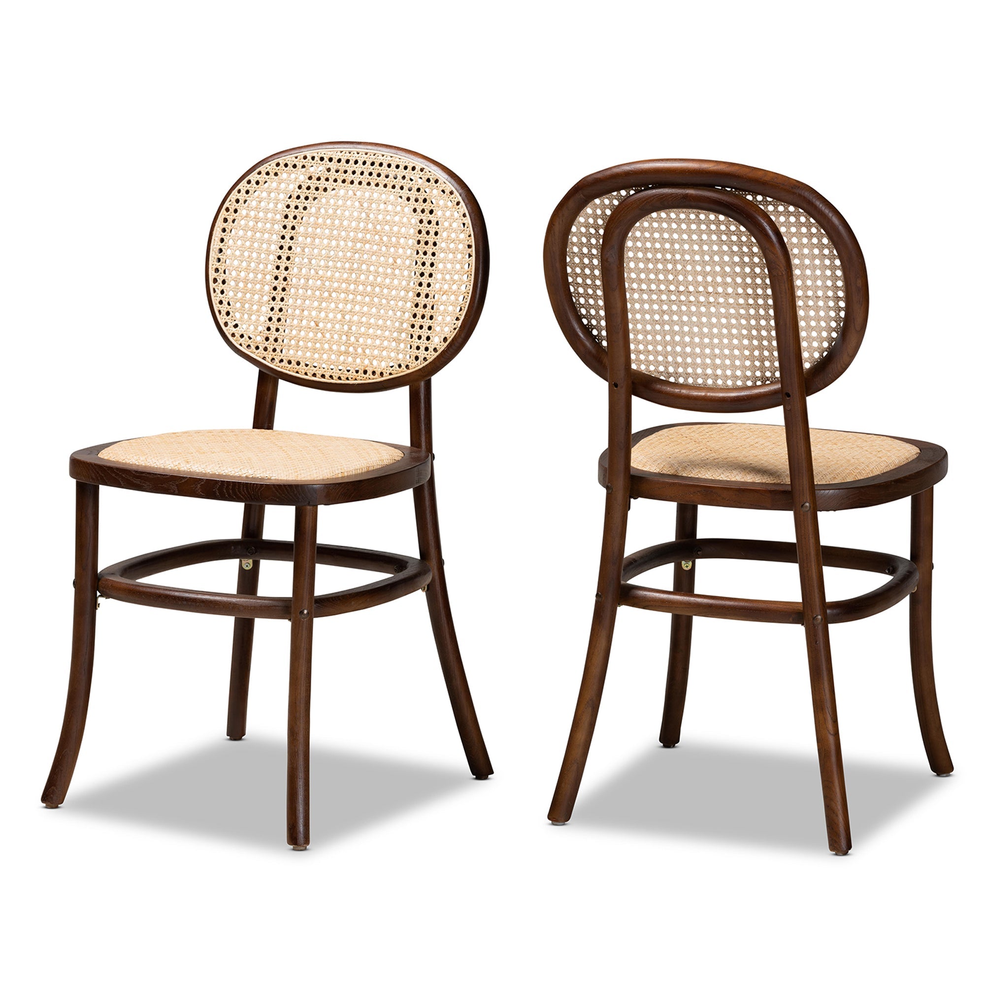 Garold Mid-Century Modern Brown Woven Rattan and Walnut Brown Wood 2-Piece Cane Dining Chair Set