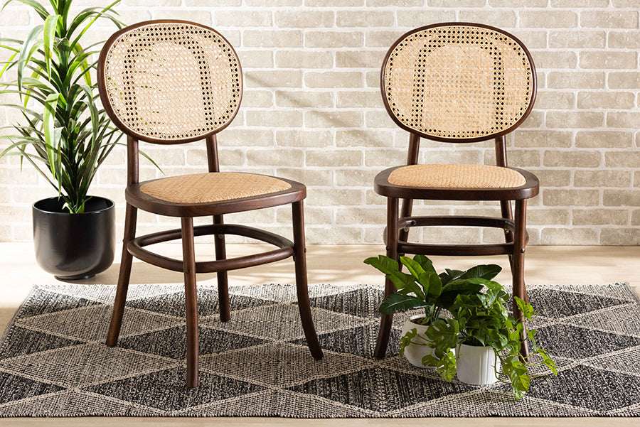 Garold Mid-Century Modern Brown Woven Rattan and Walnut Brown Wood 2-Piece Cane Dining Chair Set
