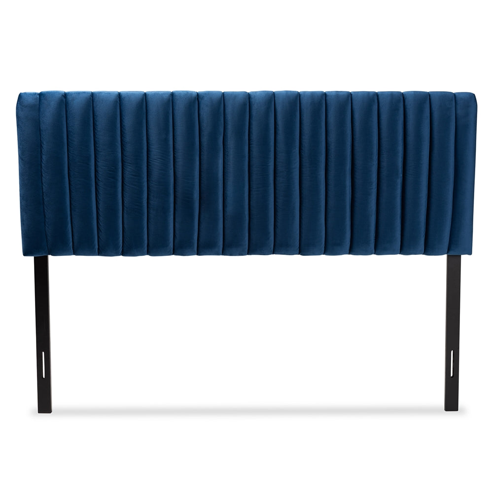 Emile Modern and Contemporary Navy Blue Velvet Fabric Upholstered and Dark Brown Finished Wood Queen Size Headboard