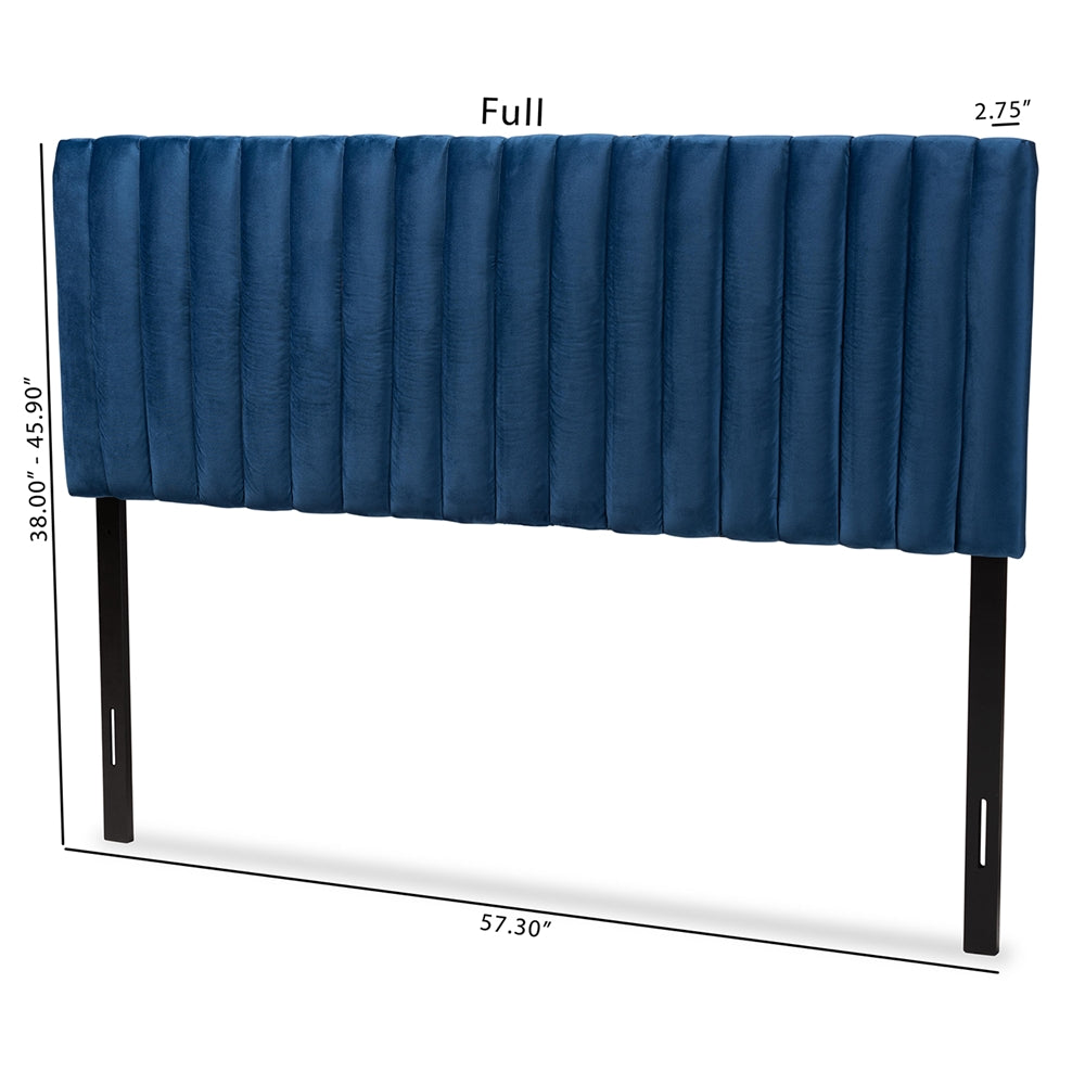Emile Modern and Contemporary Navy Blue Velvet Fabric Upholstered and Dark Brown Finished Wood Full Size Headboard