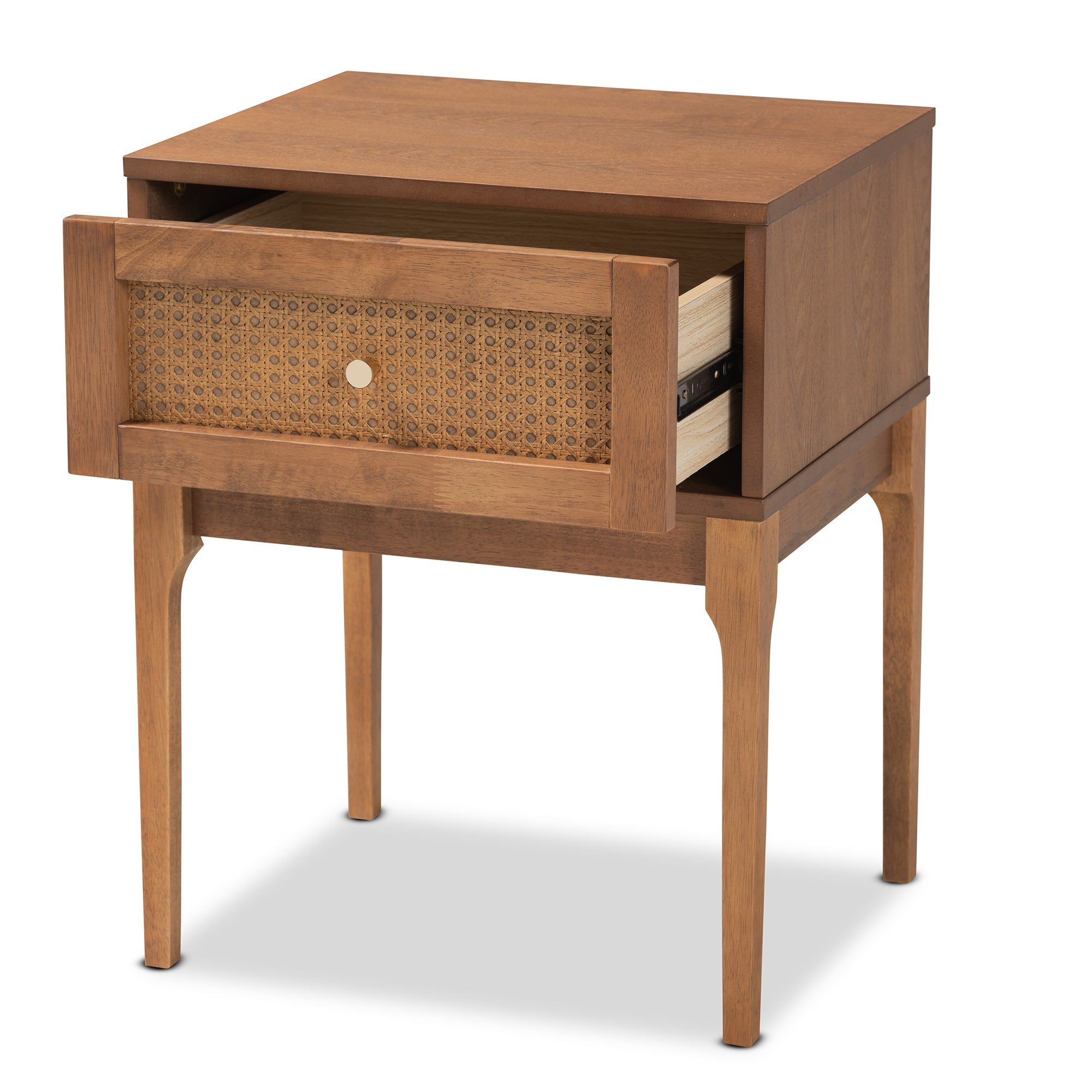 Ramiel Mid-Century Modern Ash Walnut Finished Wood and Rattan 1-Drawer Nightstand