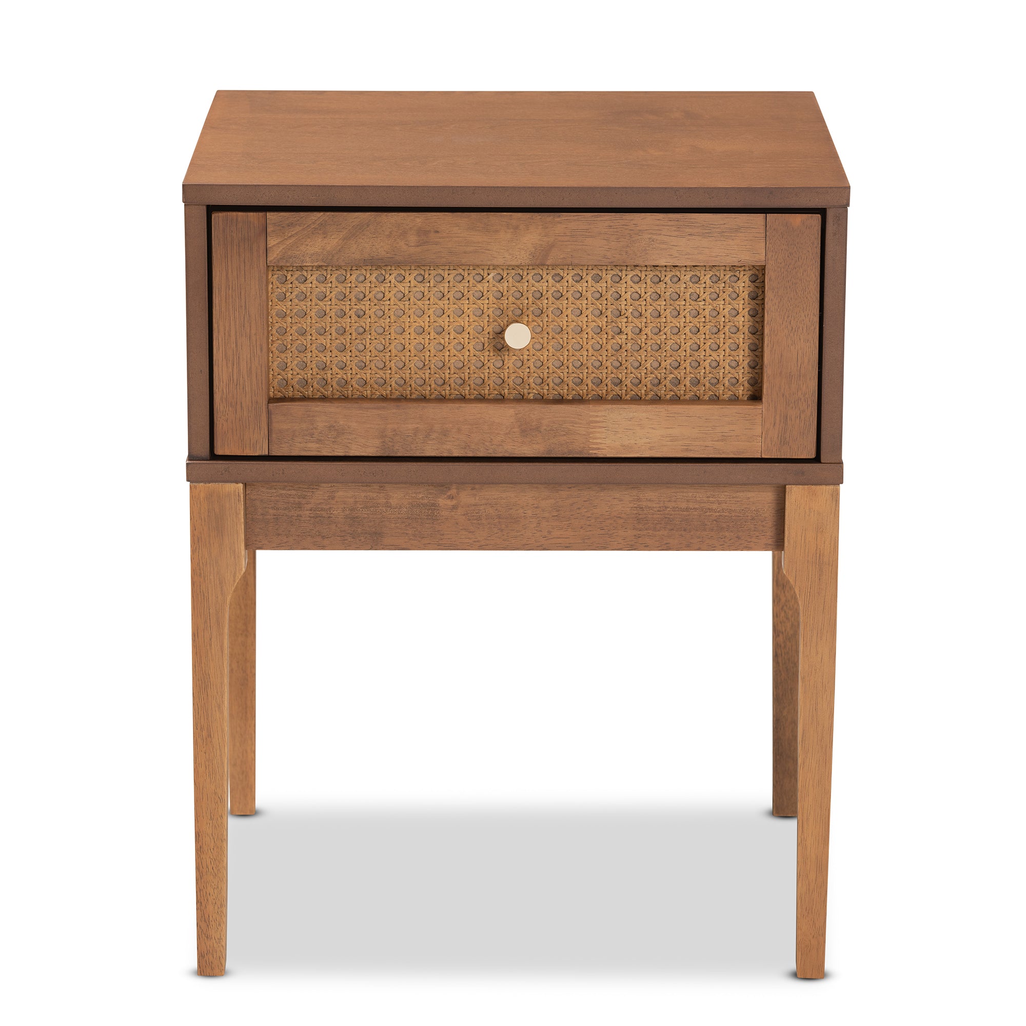 Ramiel Mid-Century Modern Ash Walnut Finished Wood and Rattan 1-Drawer Nightstand