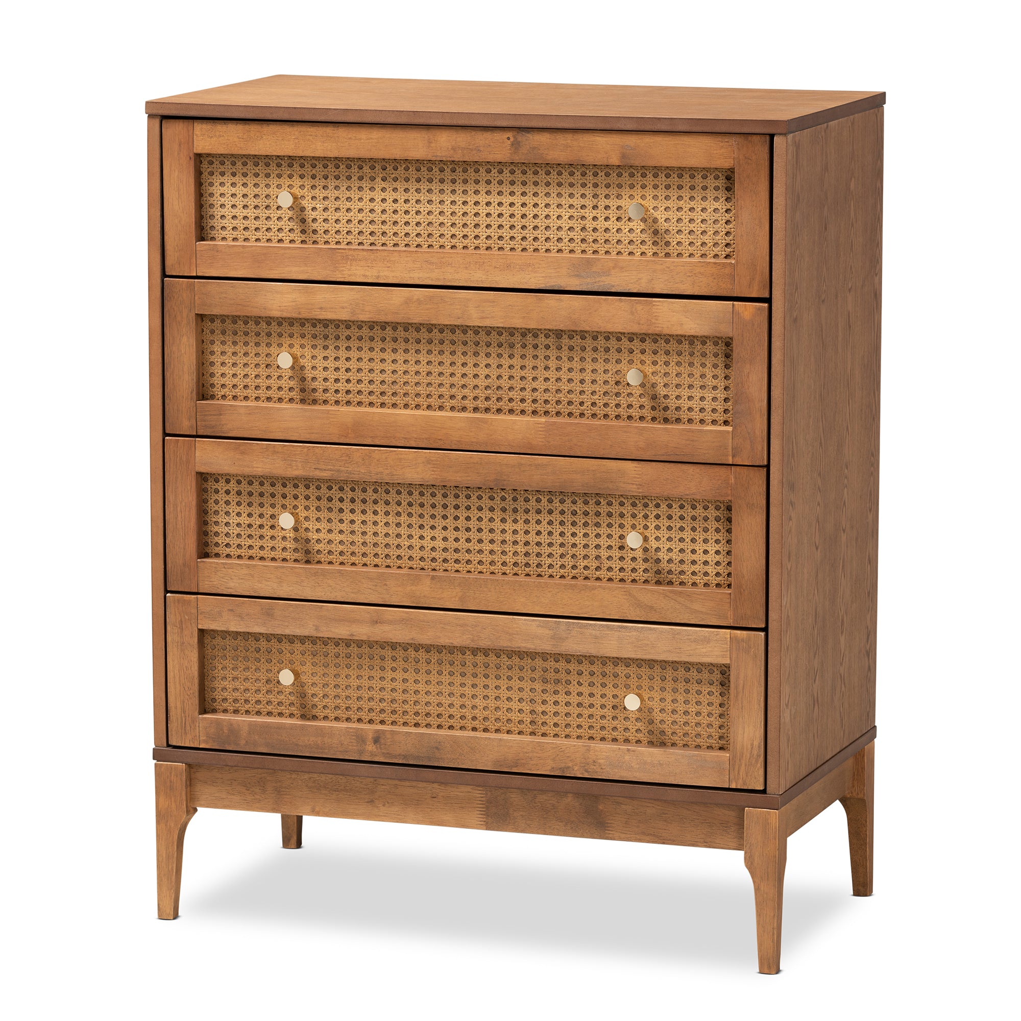 Baxton Studio Ramiel Mid-Century Modern Ash Walnut Finished Wood and Rattan 4-Drawer Chest