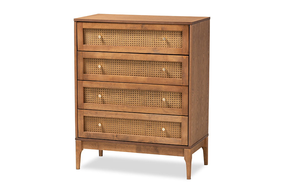 Ramiel Mid-Century Modern Ash Walnut Finished Wood and Rattan 4-Drawer Chest