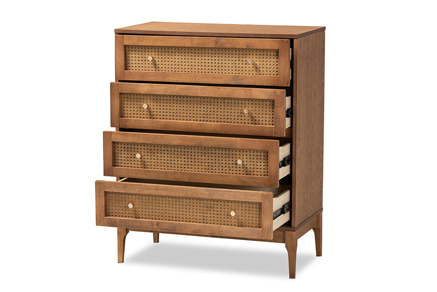 Ramiel Mid-Century Modern Ash Walnut Finished Wood and Rattan 4-Drawer Chest