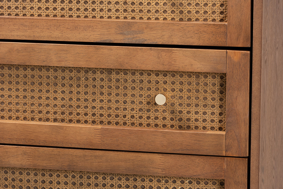 Ramiel Mid-Century Modern Ash Walnut Finished Wood and Rattan 4-Drawer Chest