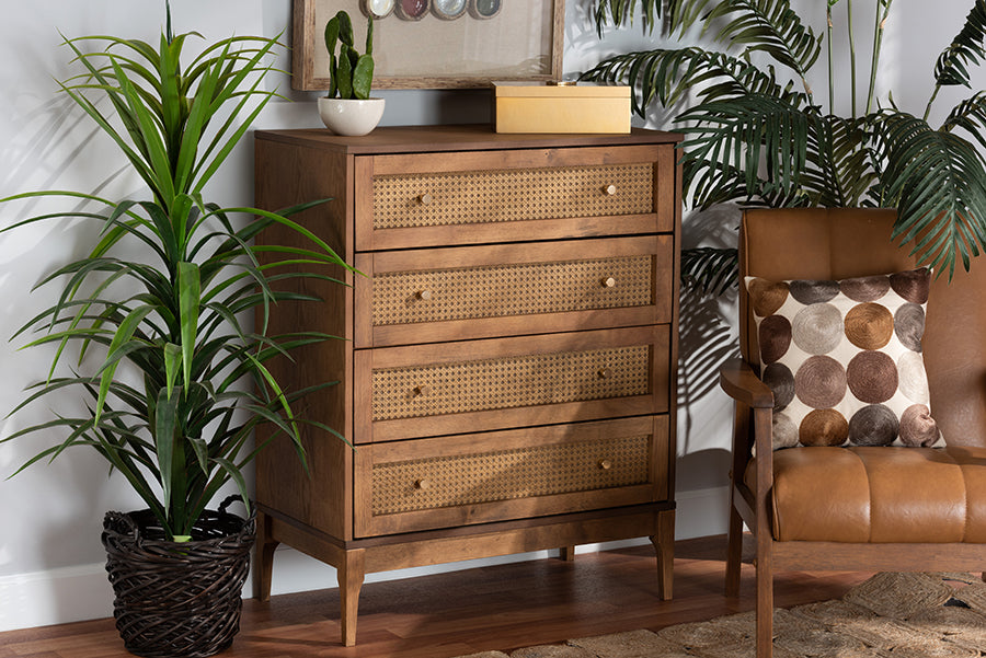 Ramiel Mid-Century Modern Ash Walnut Finished Wood and Rattan 4-Drawer Chest