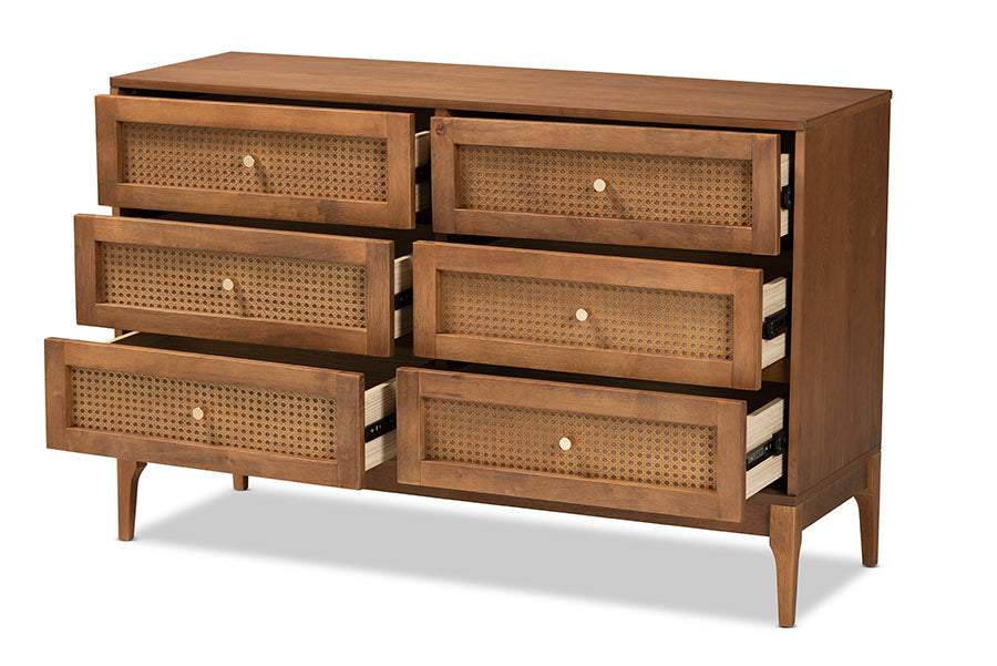 Ramiel Mid-Century Modern Ash Walnut Finished Wood and Rattan 6-Drawer Dresser