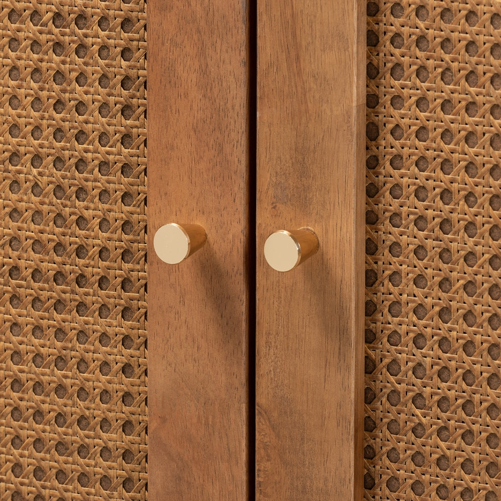 Ramiel Mid-Century Modern Ash Walnut Finished Wood and Rattan 1-Drawer Sideboard