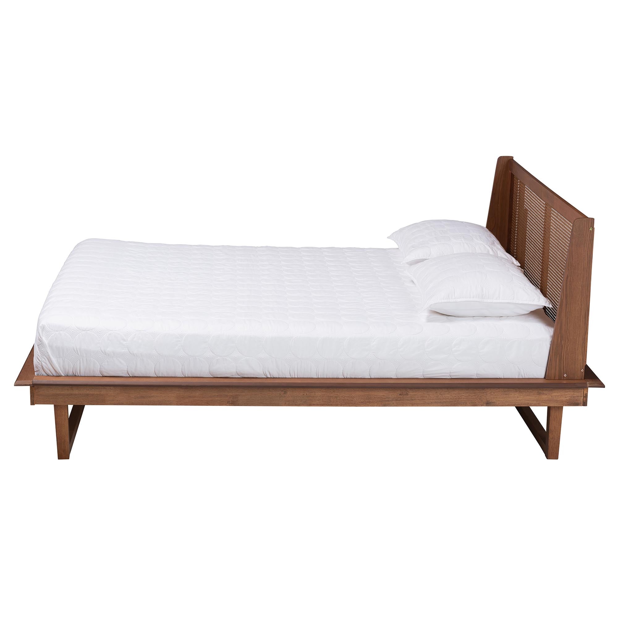 Emmie Queen Wood Mid-Century Modern Platform Bed – Woven Rattan Wingback Design