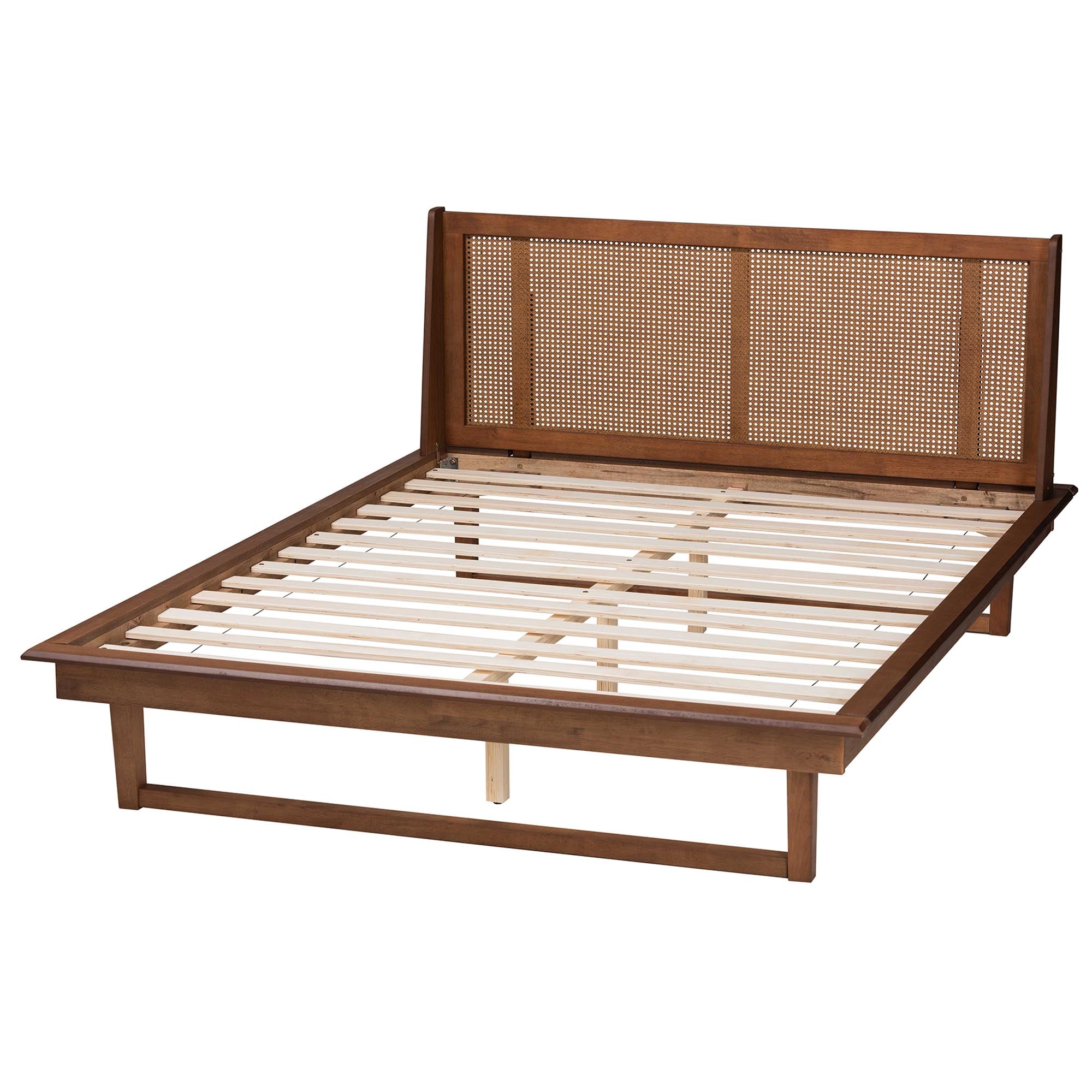 Emmie Queen Wood Mid-Century Modern Platform Bed – Woven Rattan Wingback Design