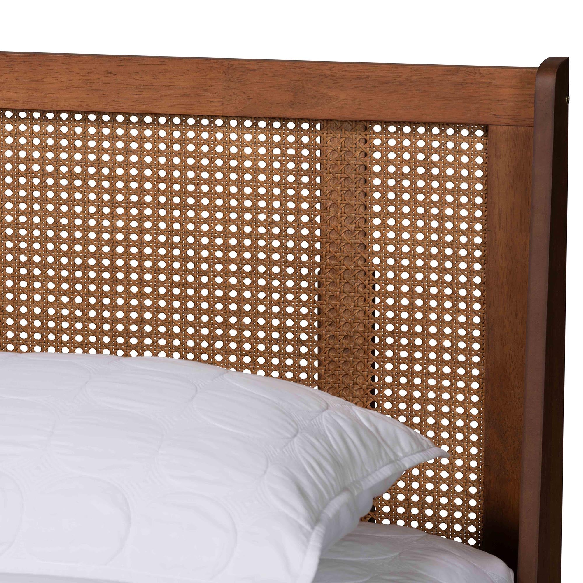 Emmie Queen Wood Mid-Century Modern Platform Bed – Woven Rattan Wingback Design