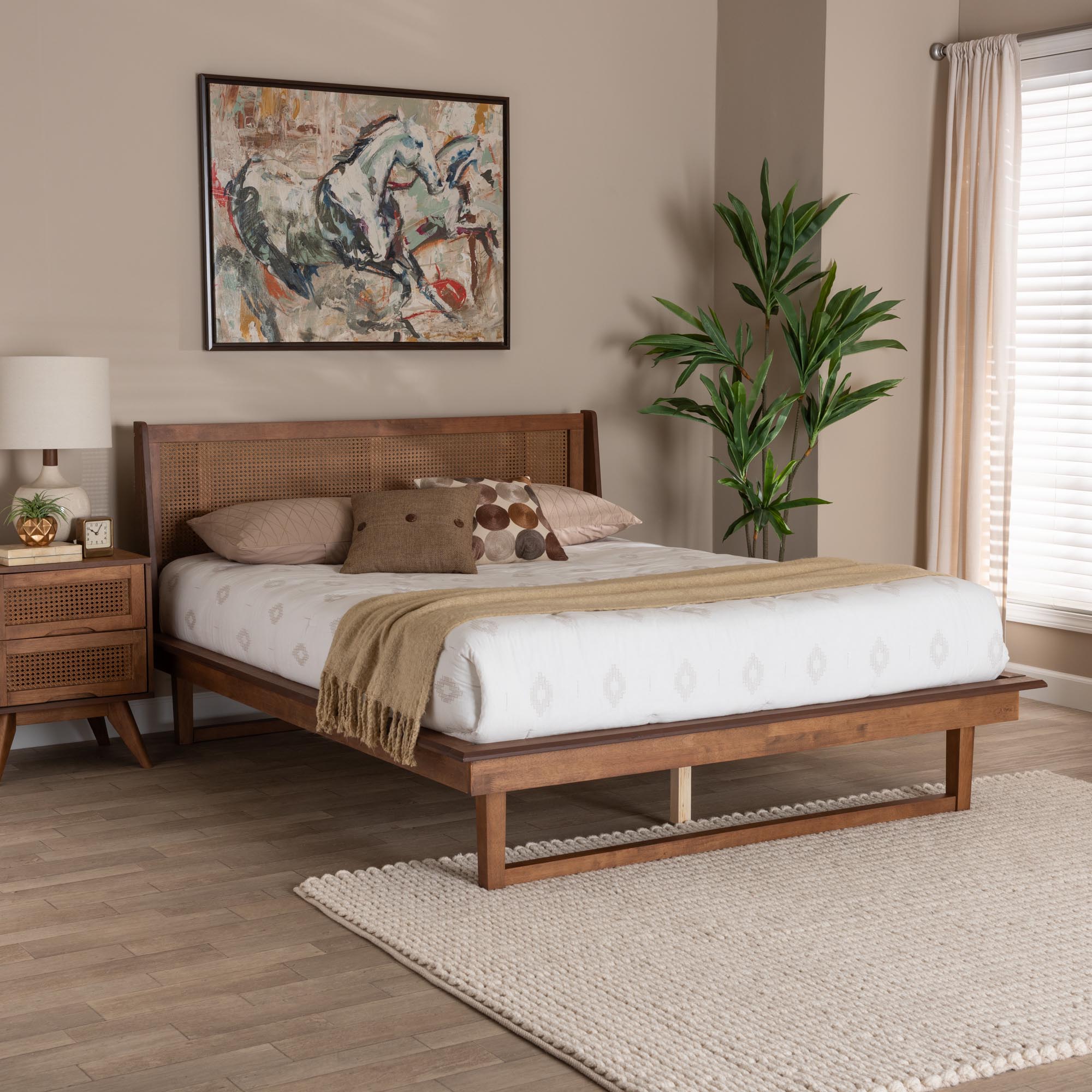 Emmie Queen Wood Mid-Century Modern Platform Bed – Woven Rattan Wingback Design